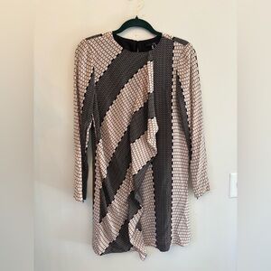 Tibi women's black and tan abstract long sleeve shift dress